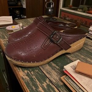 Bastad Toffeln Clogs Swedish Leather Wood Buckle‎ Strap Shoes Size 7